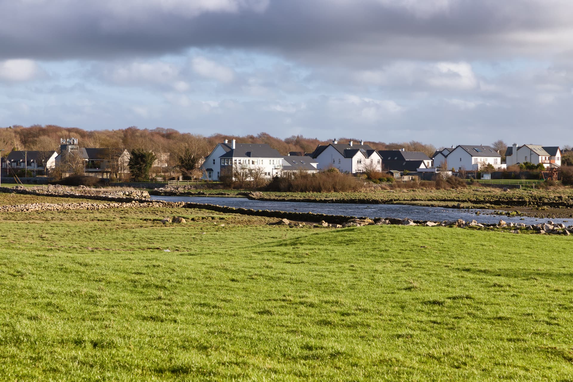 Green field with stone walls bordering a river, white houses in background under cloudy sky.