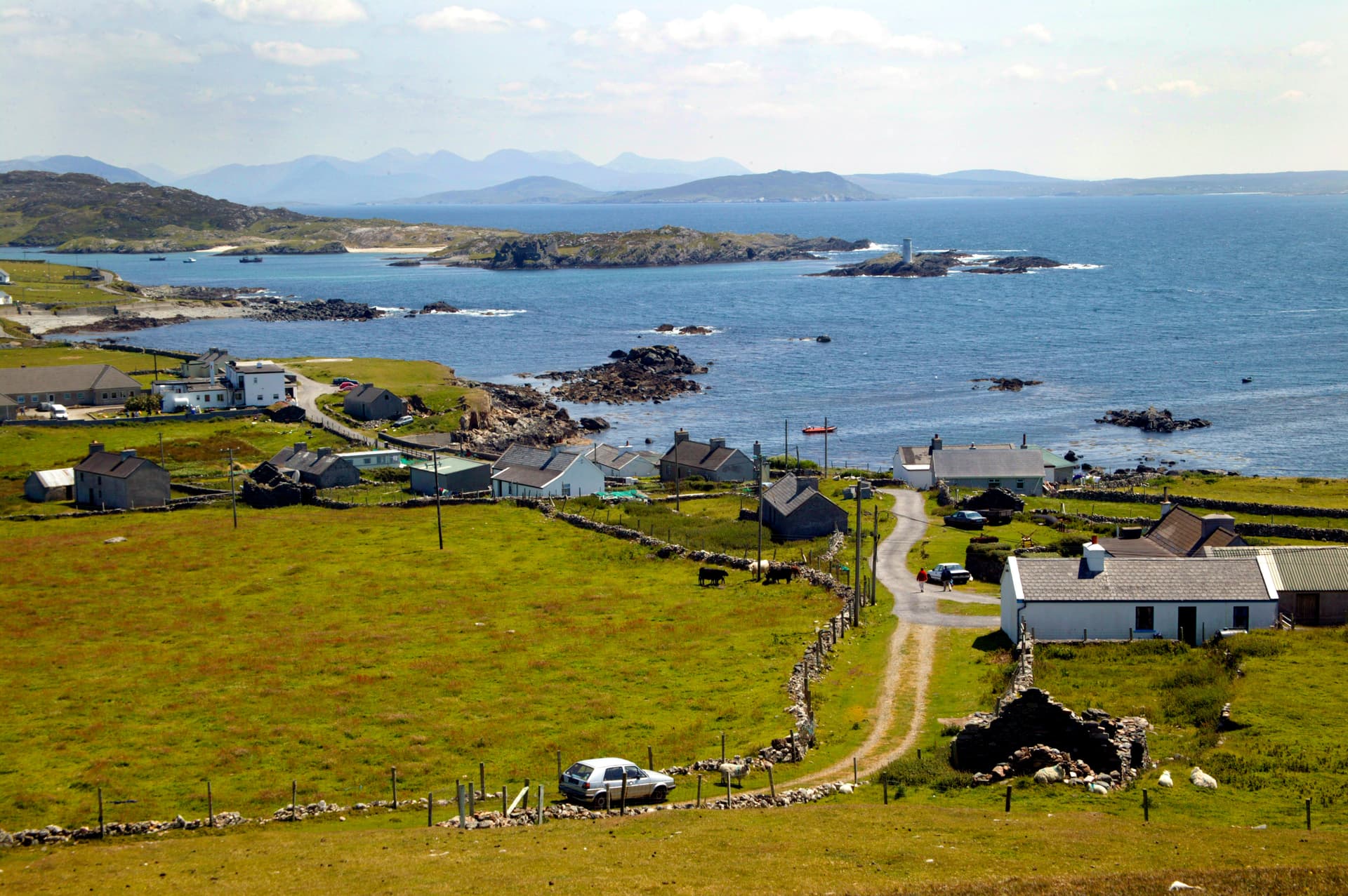 Inishbofin island landscape with green fields, stone walls, houses, and blue sea.