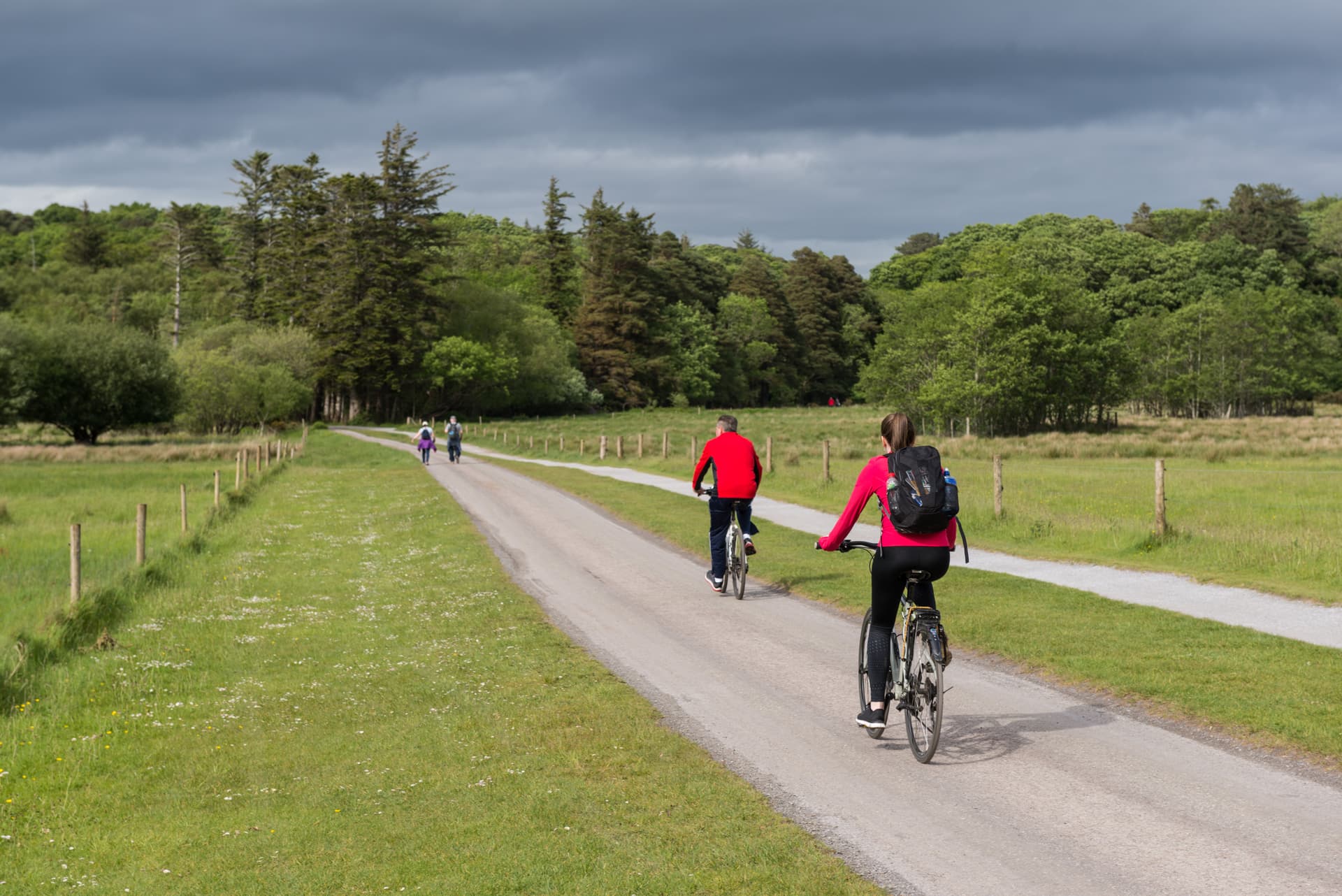 Cycling on a paved path through green fields toward a forest under dark, cloudy skies in Killarney National Park.